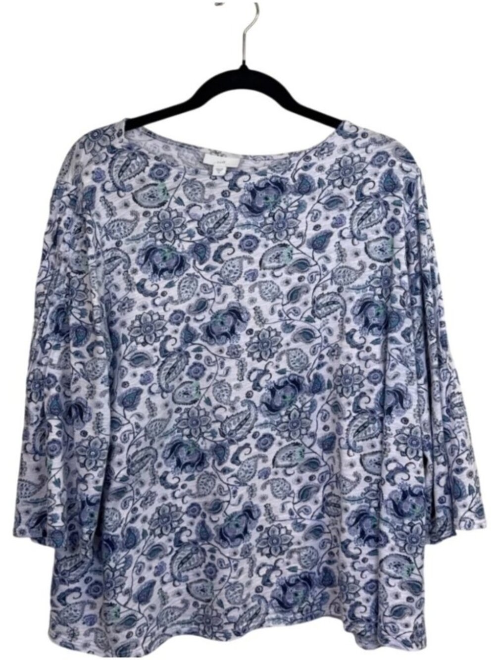 J.Jill Floral Paisley Top Women's XL Blue Boat Neck 3/4 Bell Sleeve Boho